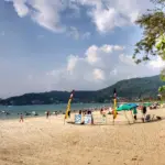 Panoramic view of Patong Beach with sand, sea and waterfront buildings